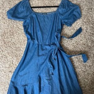 Blue Wrap-Style mini Dress with Puff Sleeves